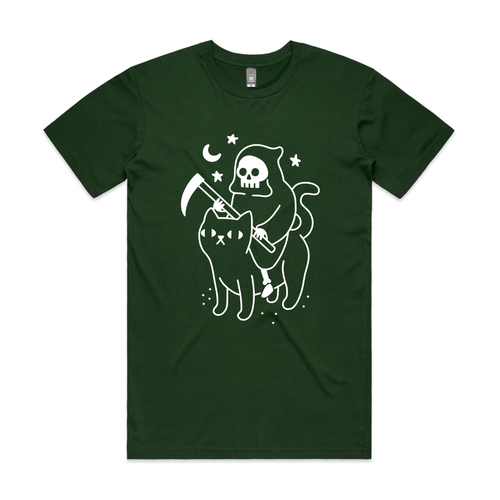 Death Rides A Cat Tee by Lonely Kids Club. All clothing from our T-shirts to our shorts and hoodies are ethically made, and printed packed and shipped from Sydney.