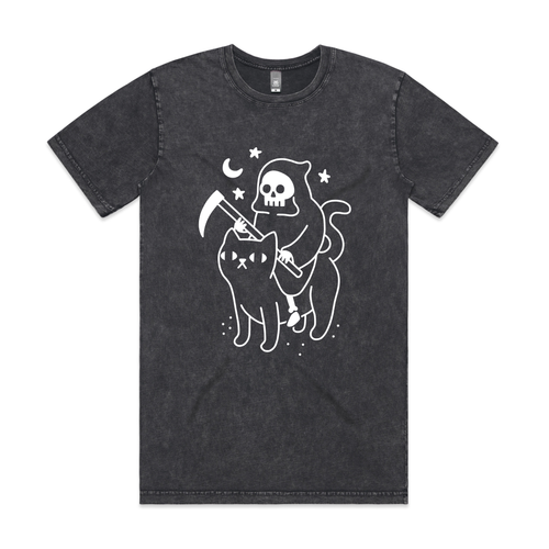 Death Rides A Cat Tee by Lonely Kids Club. All clothing from our T-shirts to our shorts and hoodies are ethically made, and printed packed and shipped from Sydney.