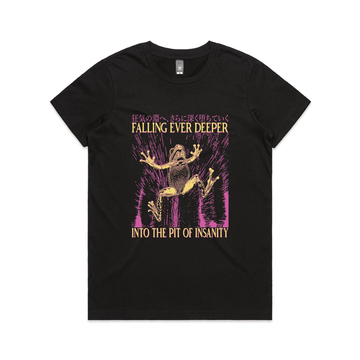 Black fitted womens t-shirt with Falling Ever Deeper graphic by Lonely Kids Club