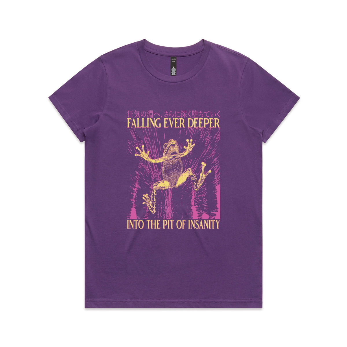 Purple fitted womens t-shirt with Falling Ever Deeper graphic by Lonely Kids Club