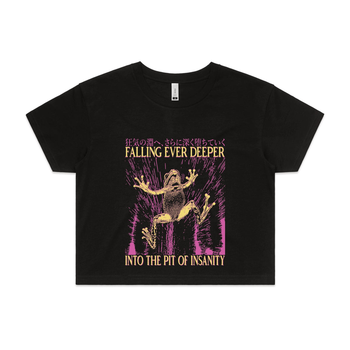 Black crop top with Falling Ever Deeper graphic by Lonely Kids Club