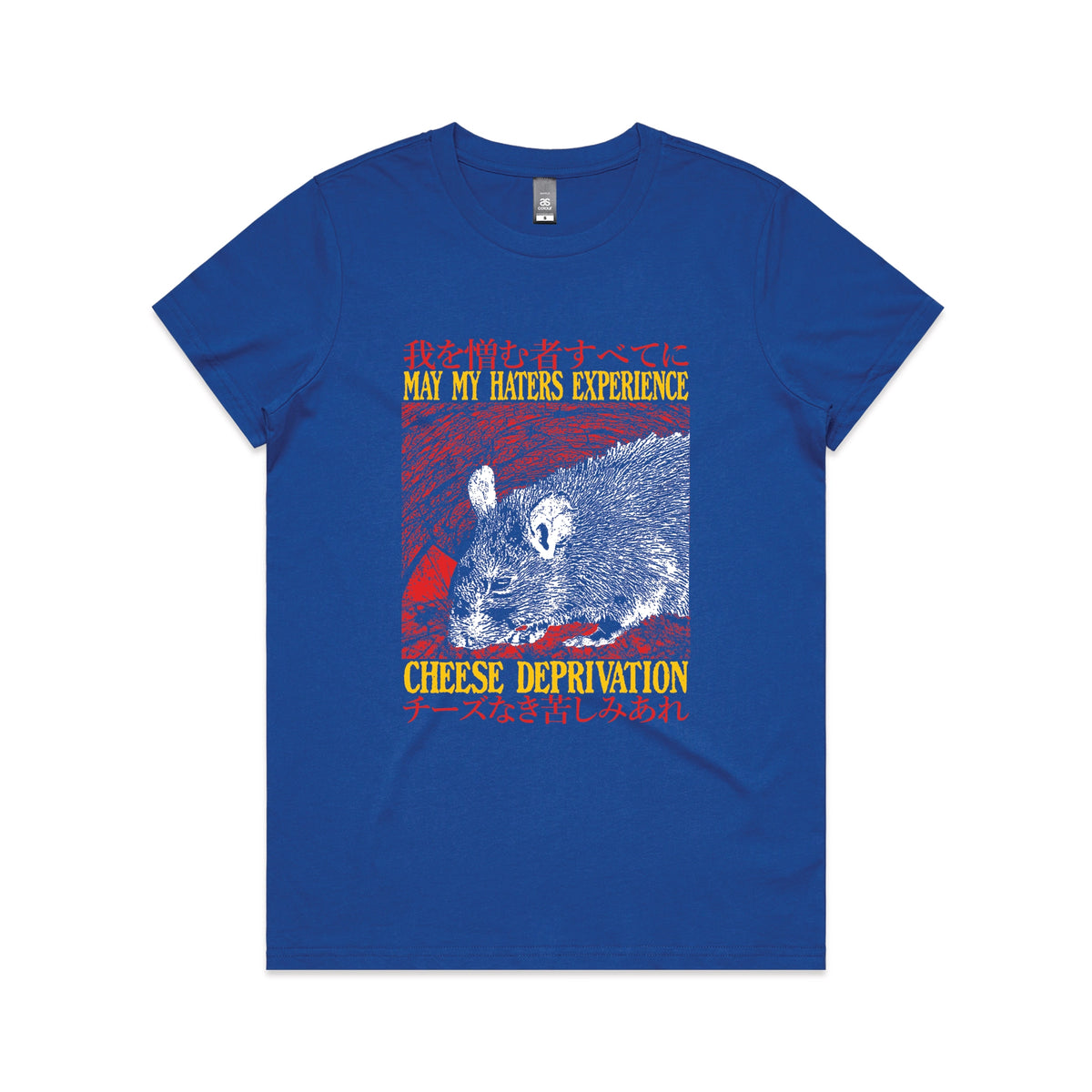 Royal Blue fitted womens t-shirt with Cheese Deprivation graphic by Lonely Kids Club
