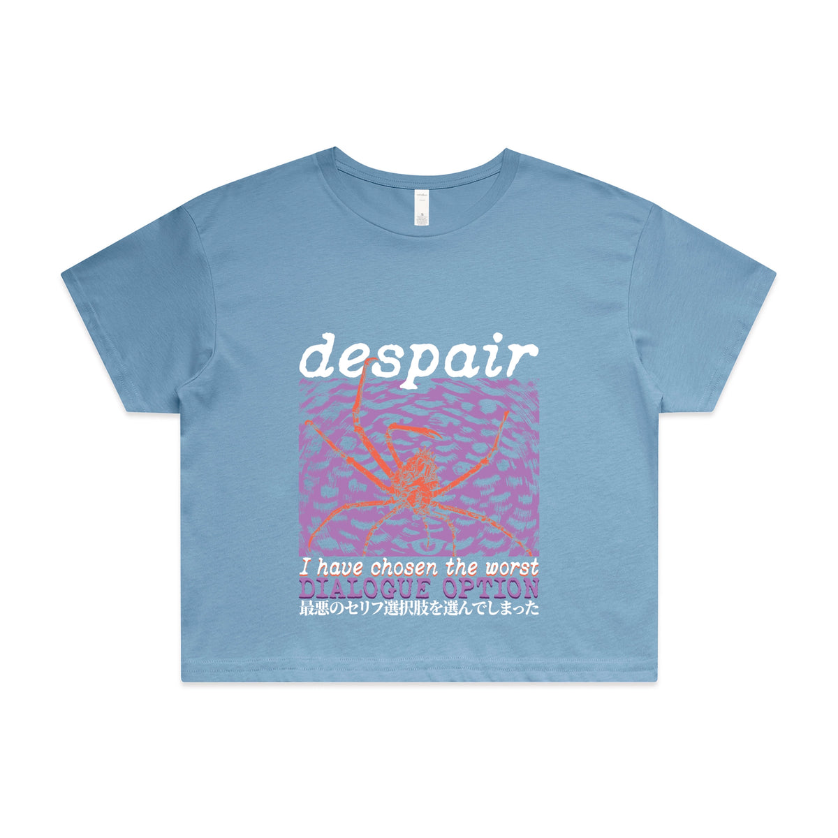 Carolina Blue crop top with Despair graphic by Lonely Kids Club