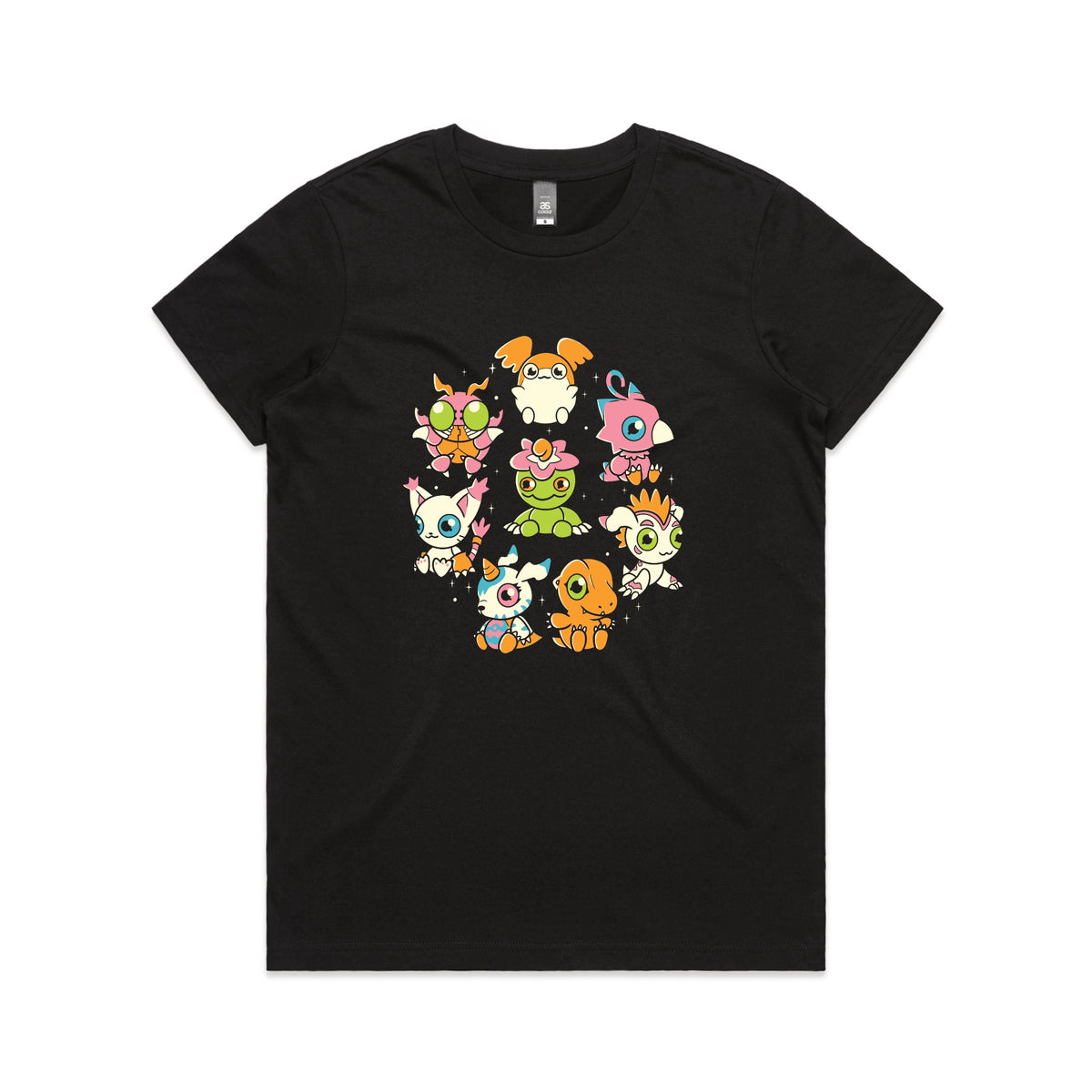 Black fitted womens t-shirt with Digicute graphic by Lonely Kids Club