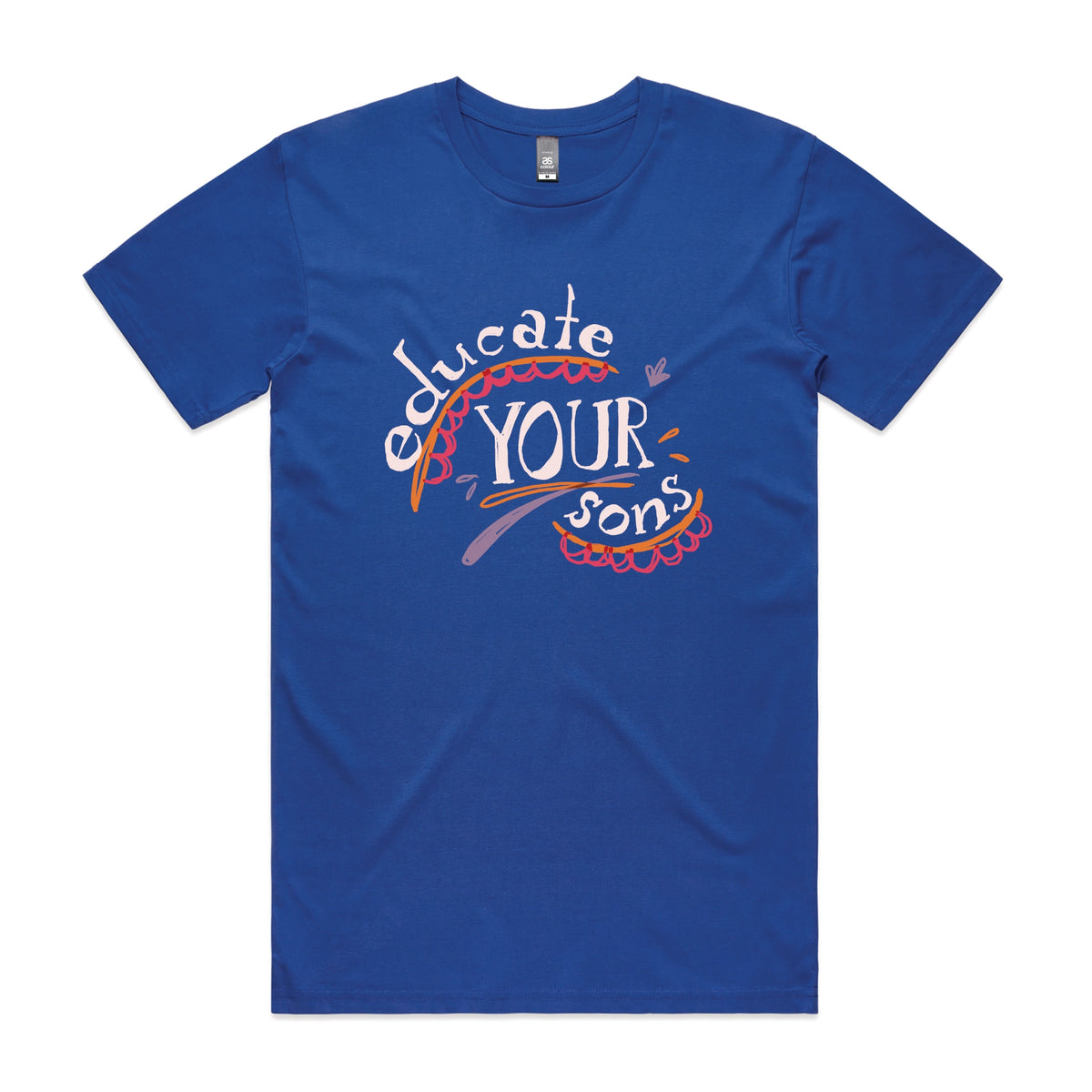 Royal Blue unisex t-shirt with Educate Your Sons graphic by Lonely Kids Club