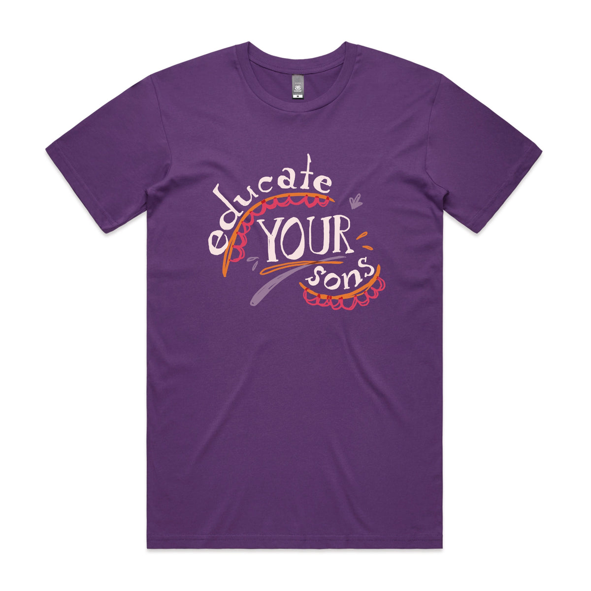Purple unisex t-shirt with Educate Your Sons graphic by Lonely Kids Club