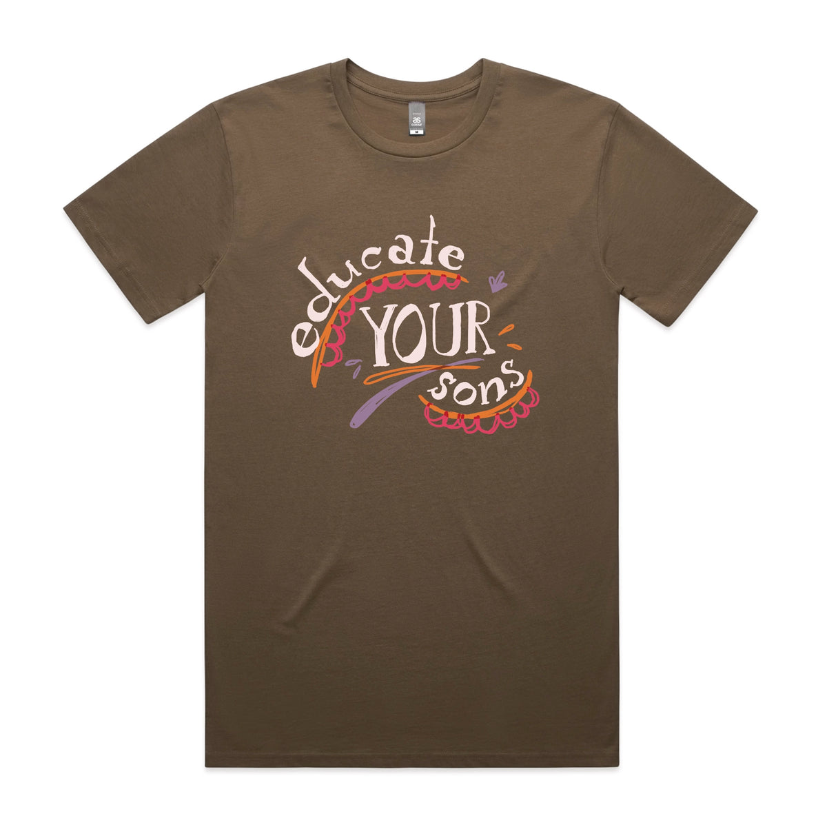 Walnut unisex t-shirt with Educate Your Sons graphic by Lonely Kids Club