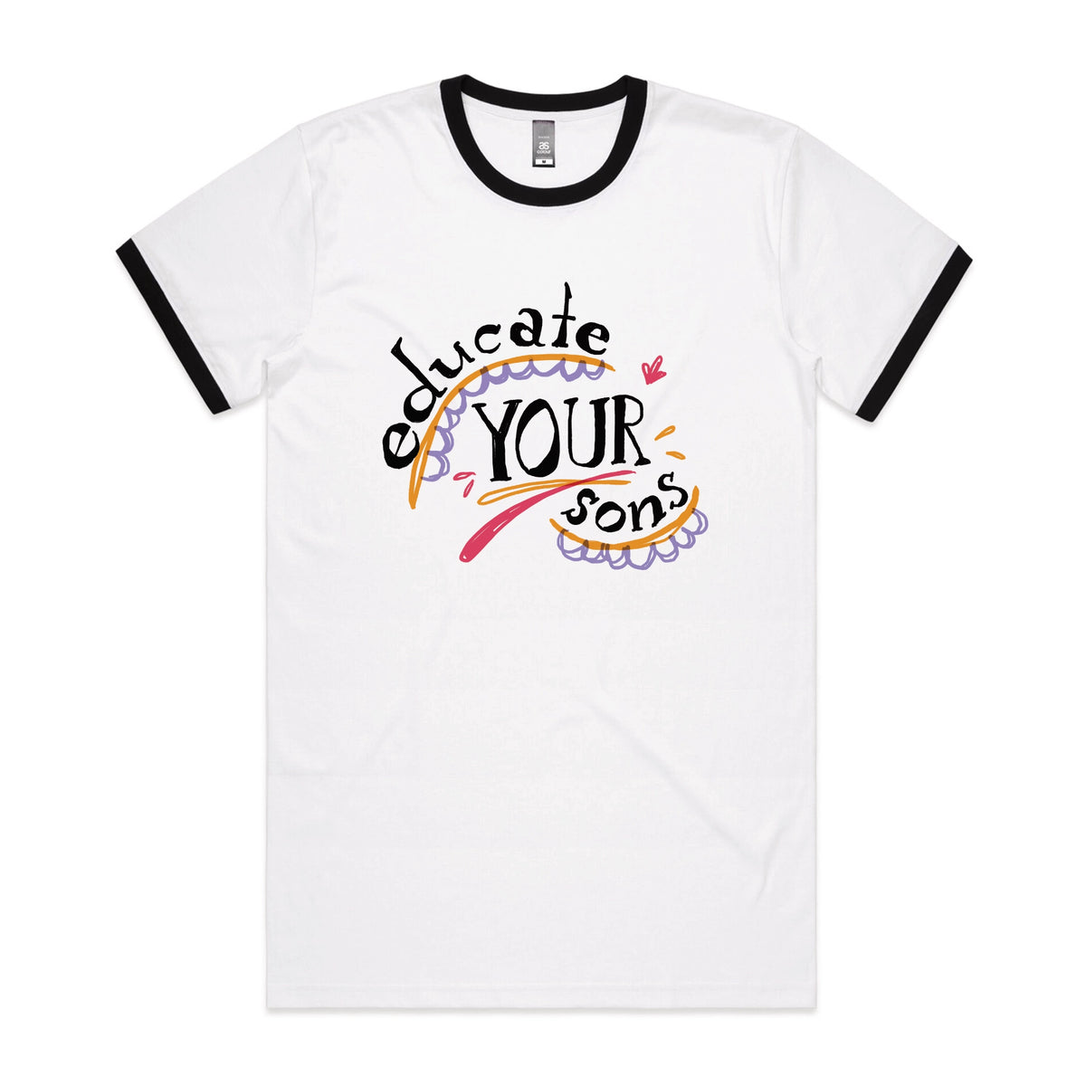 Black/White Ringer unisex t-shirt with Educate Your Sons graphic by Lonely Kids Club