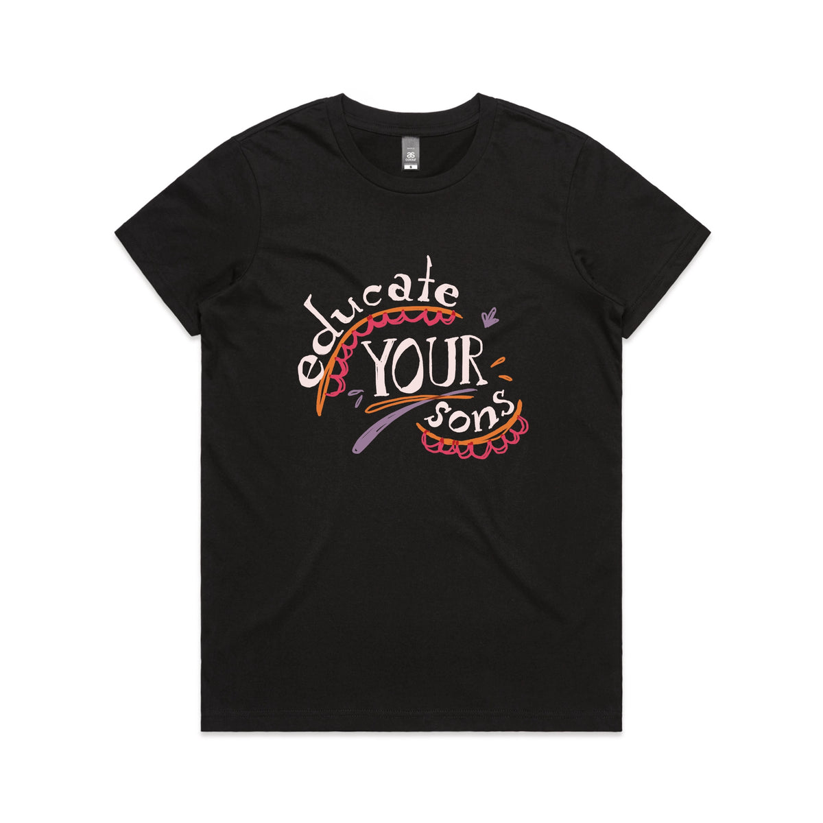 Black fitted womens t-shirt with Educate Your Sons graphic by Lonely Kids Club
