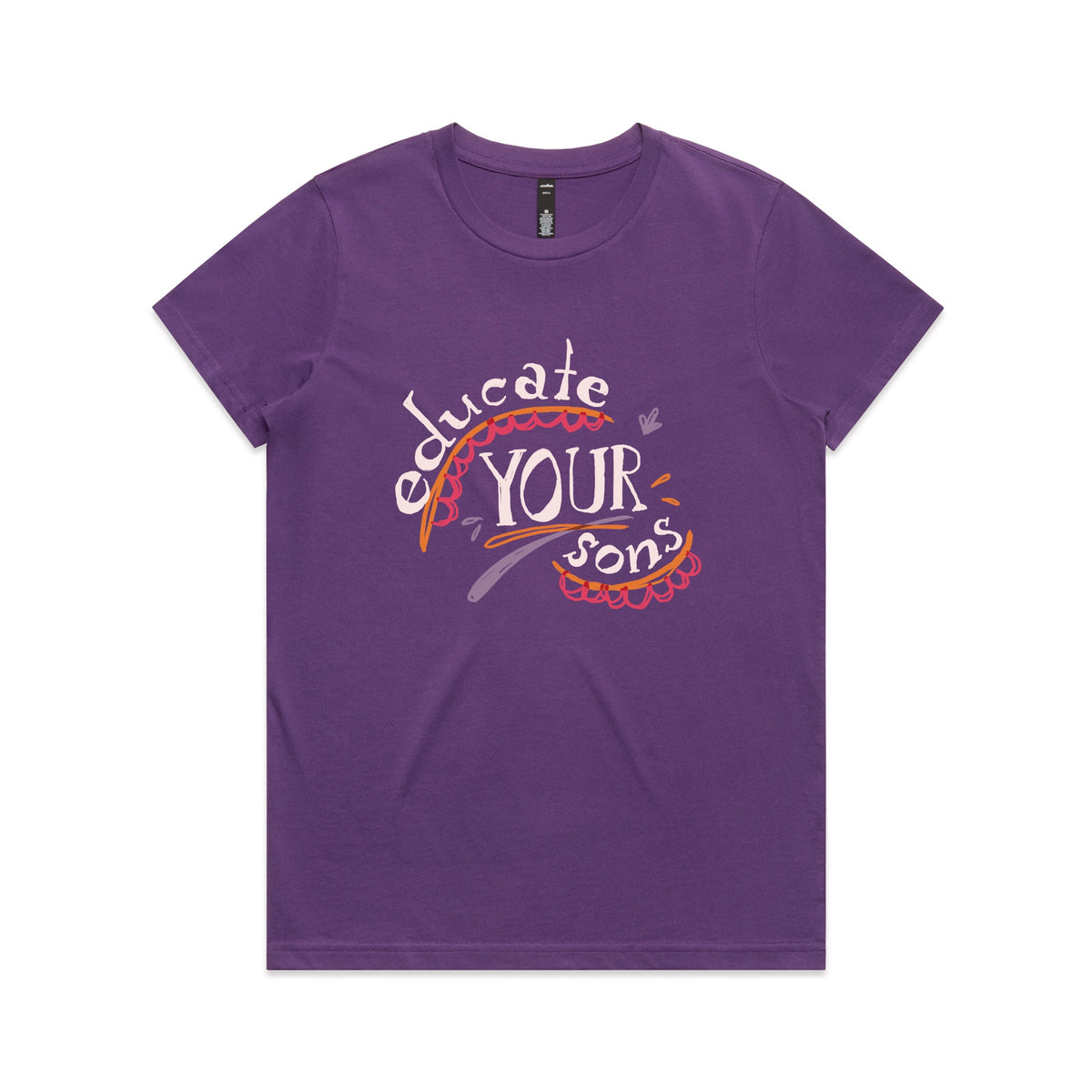 Purple fitted womens t-shirt with Educate Your Sons graphic by Lonely Kids Club