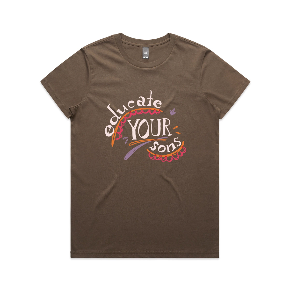 Walnut fitted womens t-shirt with Educate Your Sons graphic by Lonely Kids Club