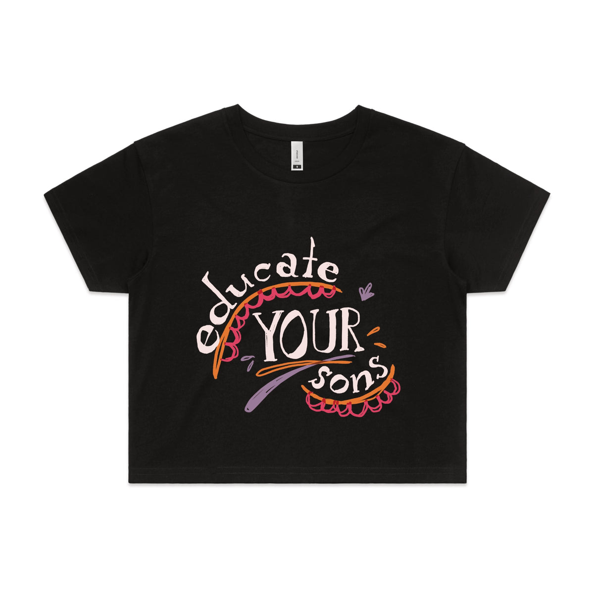 Black crop top with Educate Your Sons graphic by Lonely Kids Club