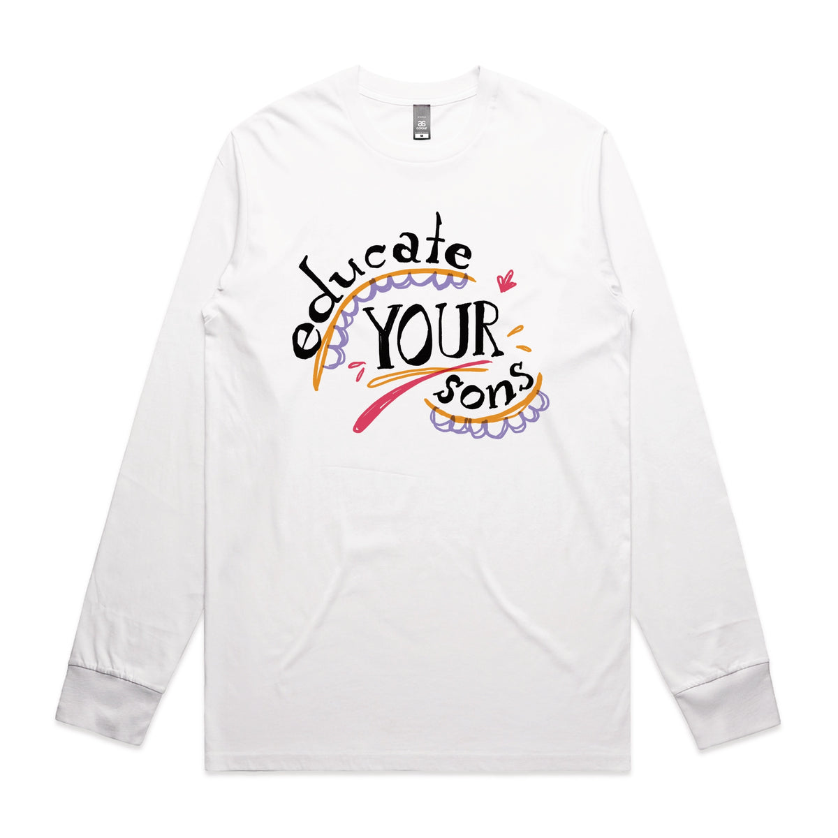 White long sleeve t-shirt with Educate Your Sons graphic by Lonely Kids Club