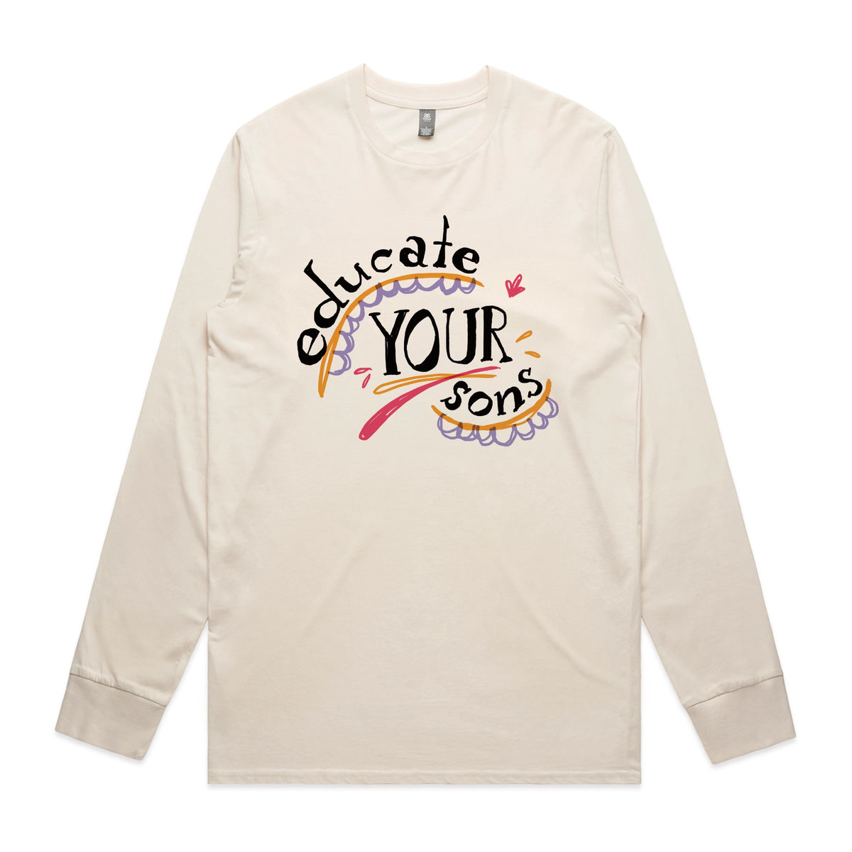 Ecru long sleeve t-shirt with Educate Your Sons graphic by Lonely Kids Club