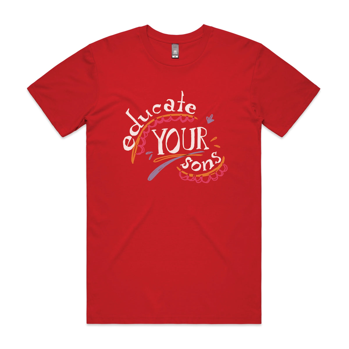 Red unisex t-shirt with Educate Your Sons graphic by Lonely Kids Club