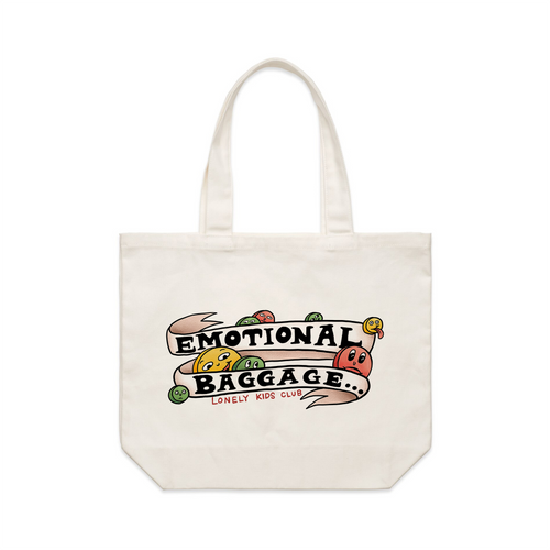 Emotional Baggage Tote by Lonely Kids Club. All clothing from our T-shirts to our shorts and hoodies are ethically made, and printed packed and shipped from Sydney.