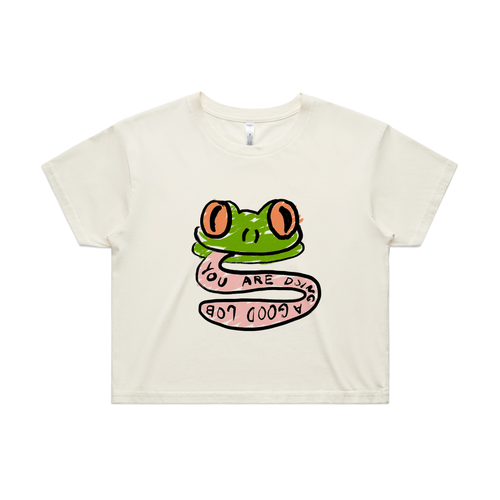 Encouraging Frog Tee by Lonely Kids Club. All clothing from our T-shirts to our shorts and hoodies are ethically made, and printed packed and shipped from Sydney.