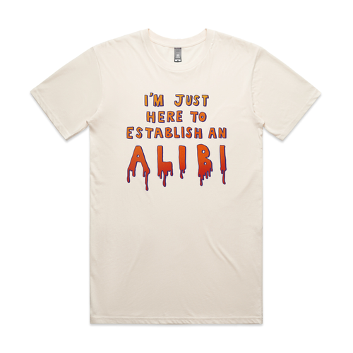 Establish An Alibi Tee by Lonely Kids Club. All clothing from our T-shirts to our shorts and hoodies are ethically made, and printed packed and shipped from Sydney.