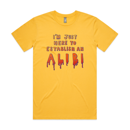 Establish An Alibi Tee by Lonely Kids Club. All clothing from our T-shirts to our shorts and hoodies are ethically made, and printed packed and shipped from Sydney.
