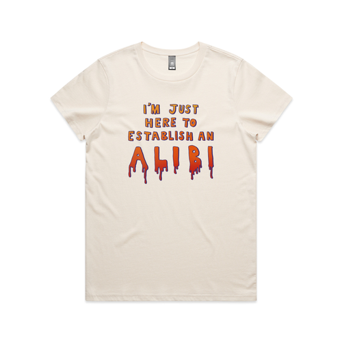 Establish An Alibi Tee by Lonely Kids Club. All clothing from our T-shirts to our shorts and hoodies are ethically made, and printed packed and shipped from Sydney.