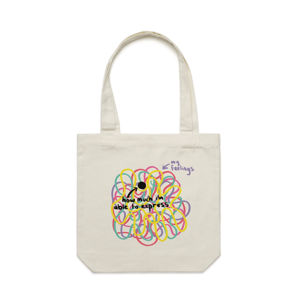 Cream carrie tote with My Feelings Tote graphic by Lonely Kids Club