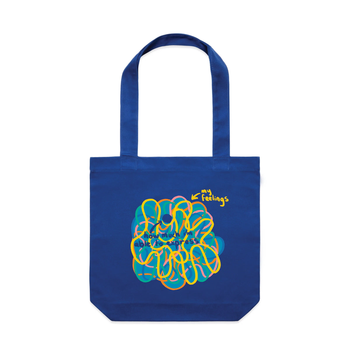 Royal Blue carrie tote with My Feelings Tote graphic by Lonely Kids Club