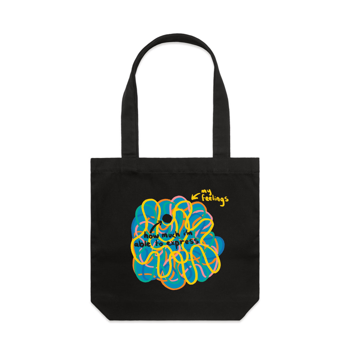 Black carrie tote with My Feelings Tote graphic by Lonely Kids Club