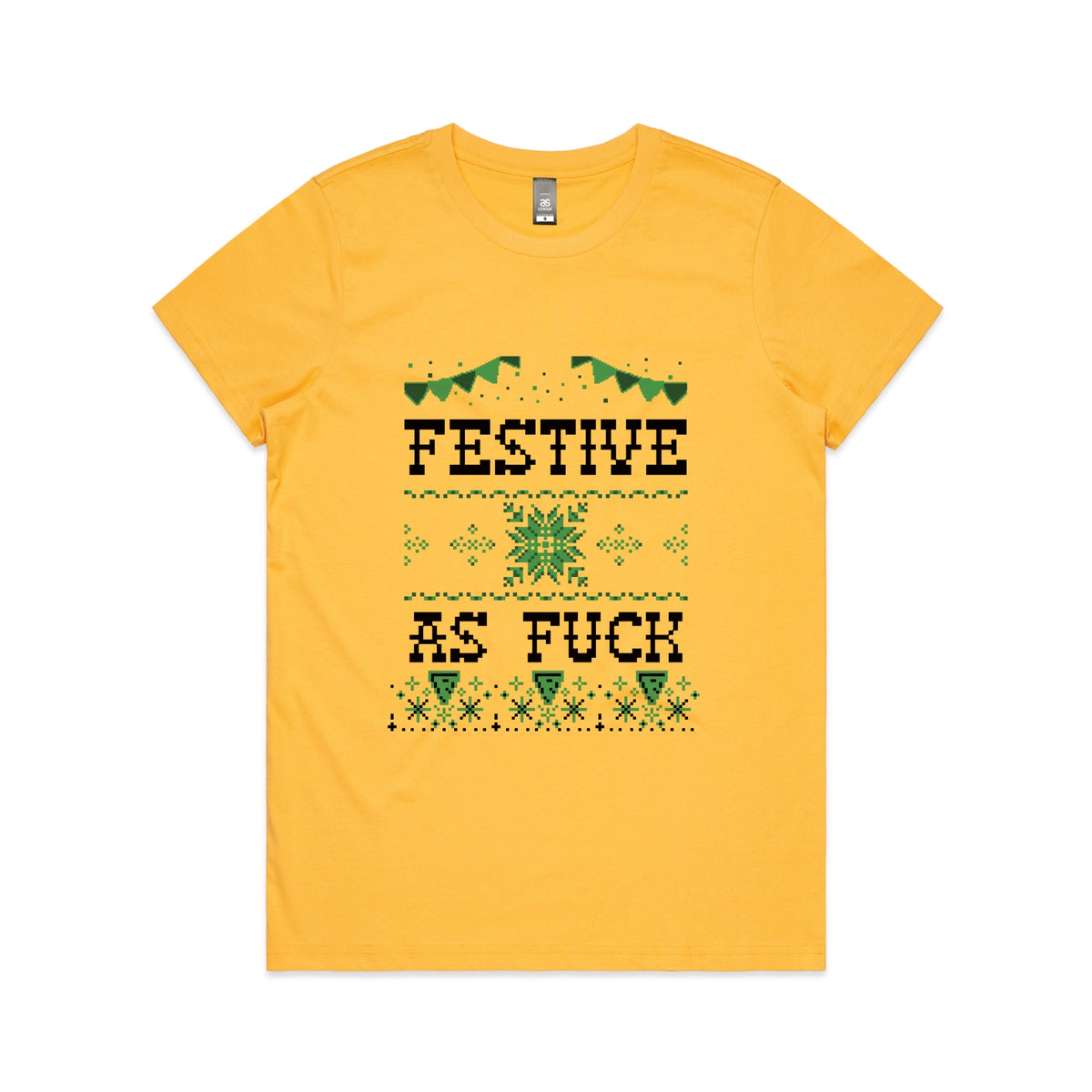 Yellow fitted womens t-shirt with Festive As Fuck graphic by Lonely Kids Club