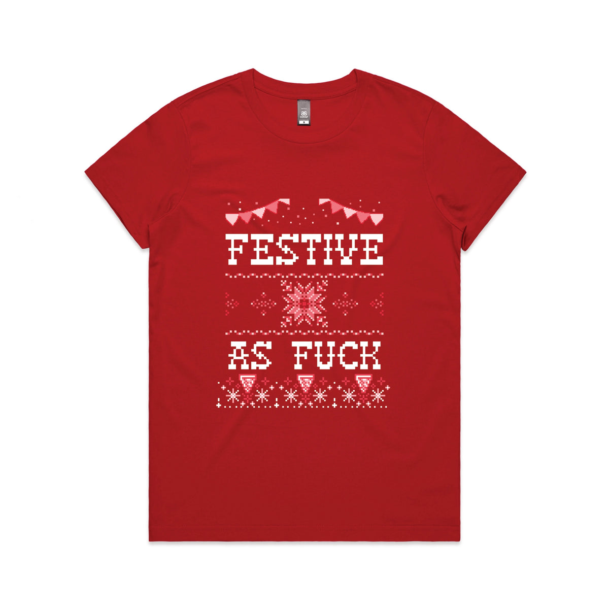 Red fitted womens t-shirt with Festive As Fuck graphic by Lonely Kids Club