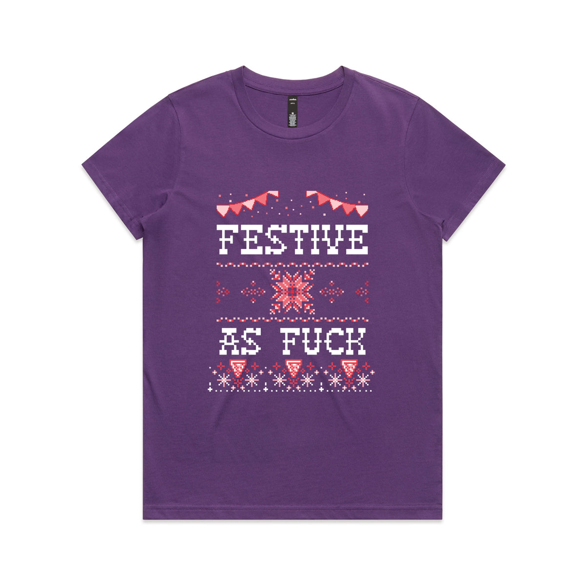 Purple fitted womens t-shirt with Festive As Fuck graphic by Lonely Kids Club