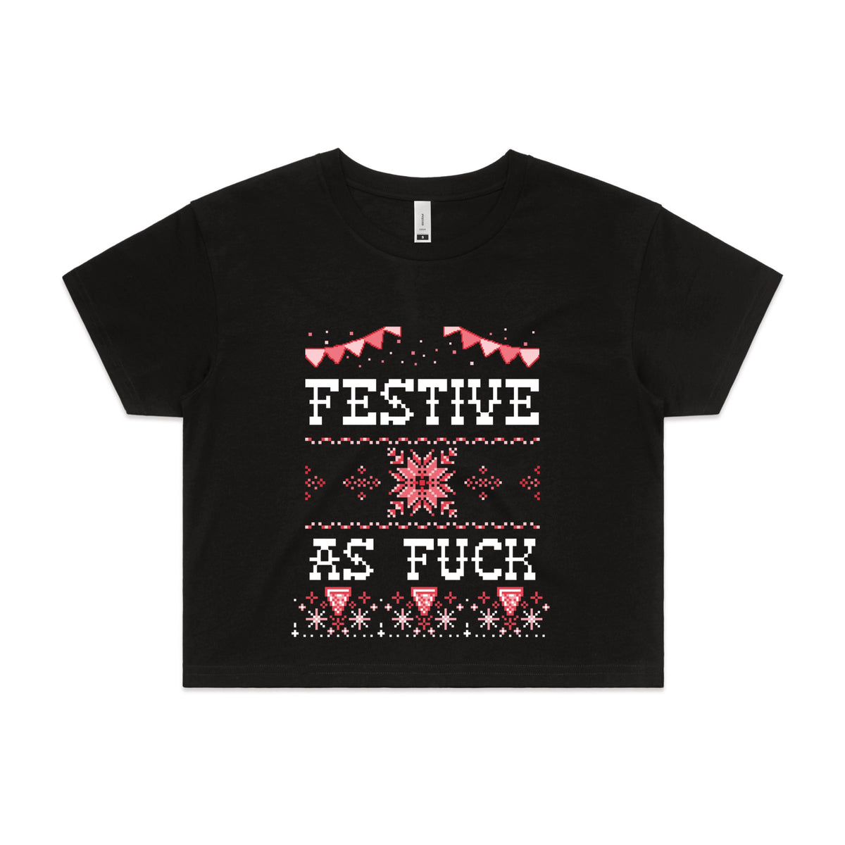 Black crop top with Festive As Fuck graphic by Lonely Kids Club