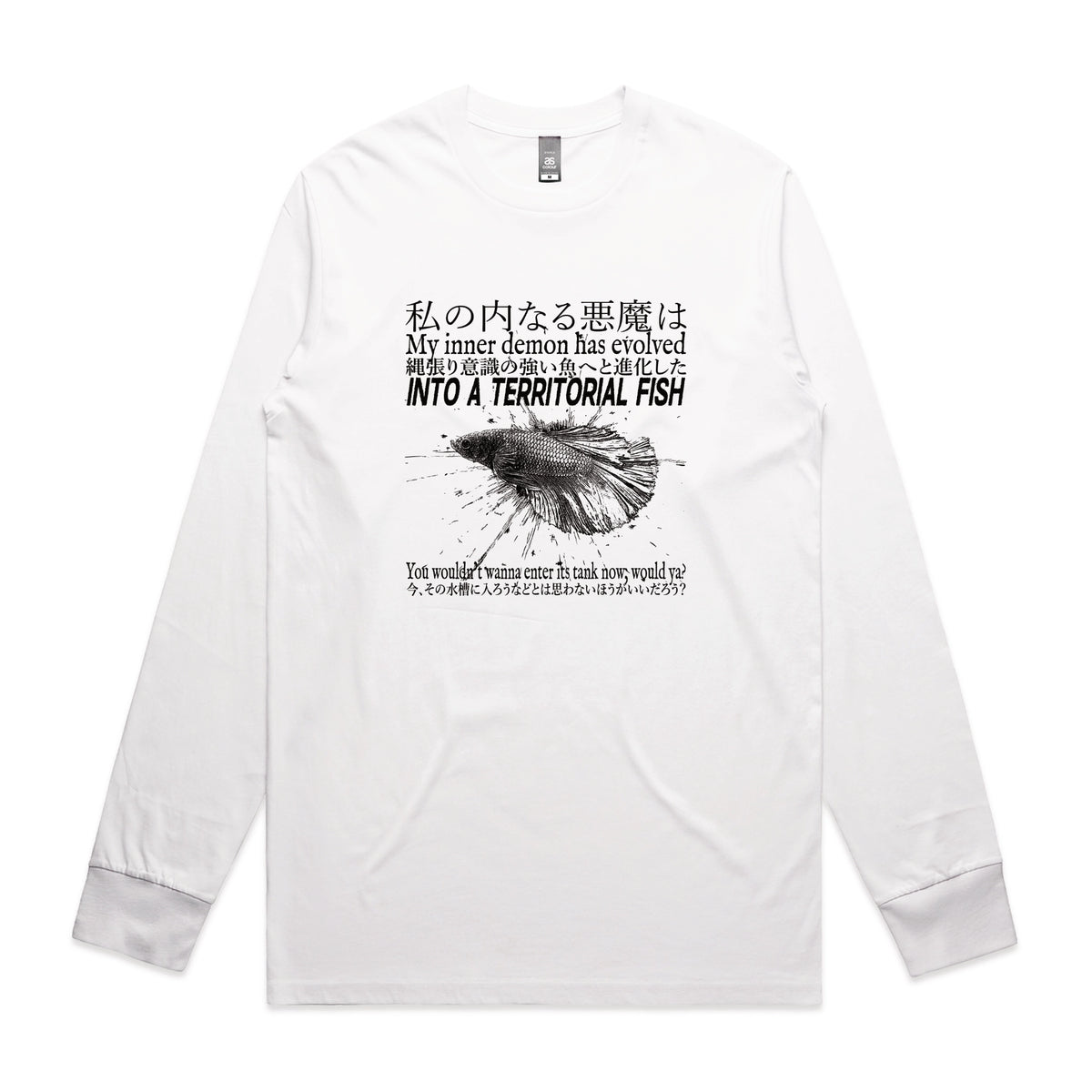 White long sleeve t-shirt with Territorial Fish graphic by Lonely Kids Club