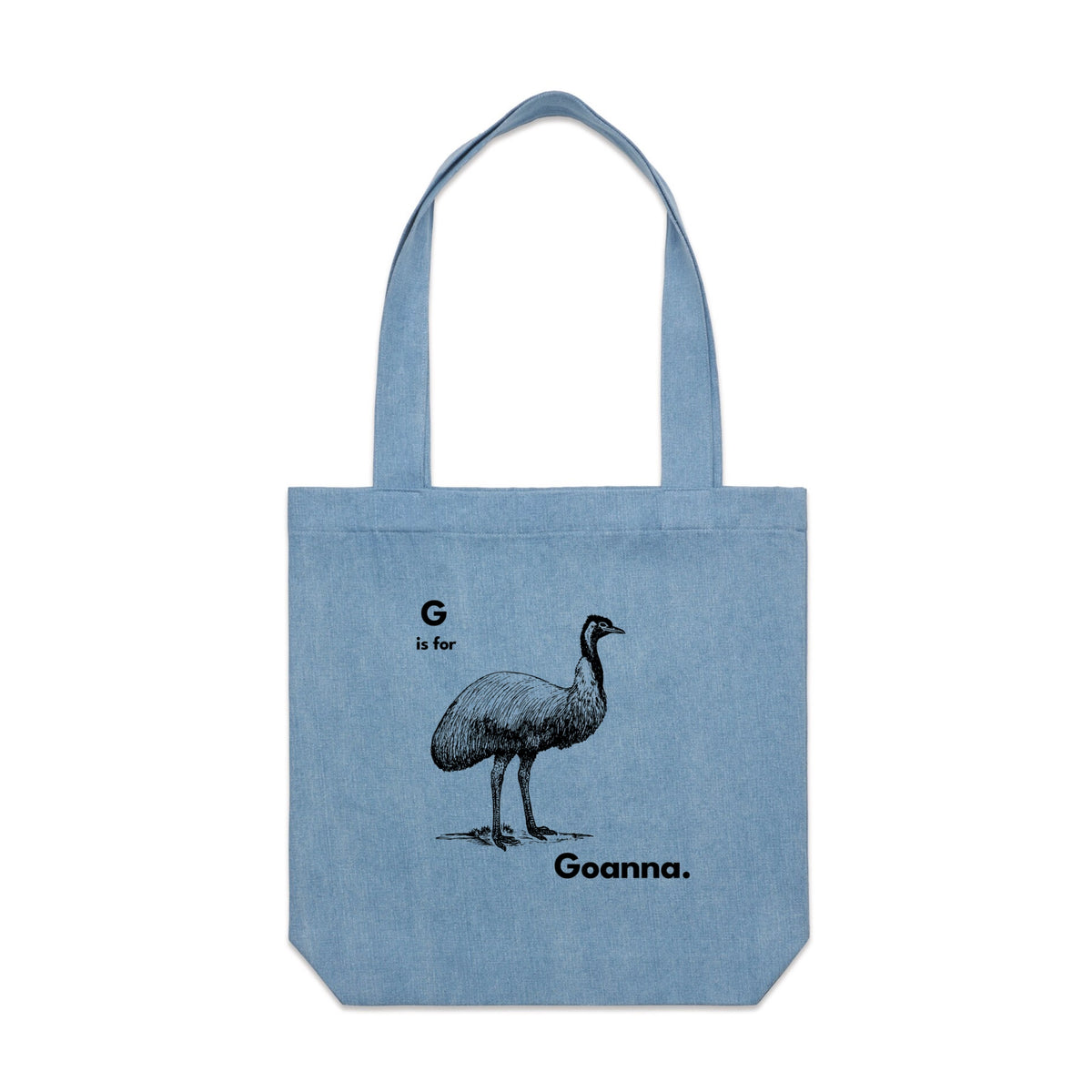 Denim carrie tote with G Is For Goanna Tote graphic by Lonely Kids Club