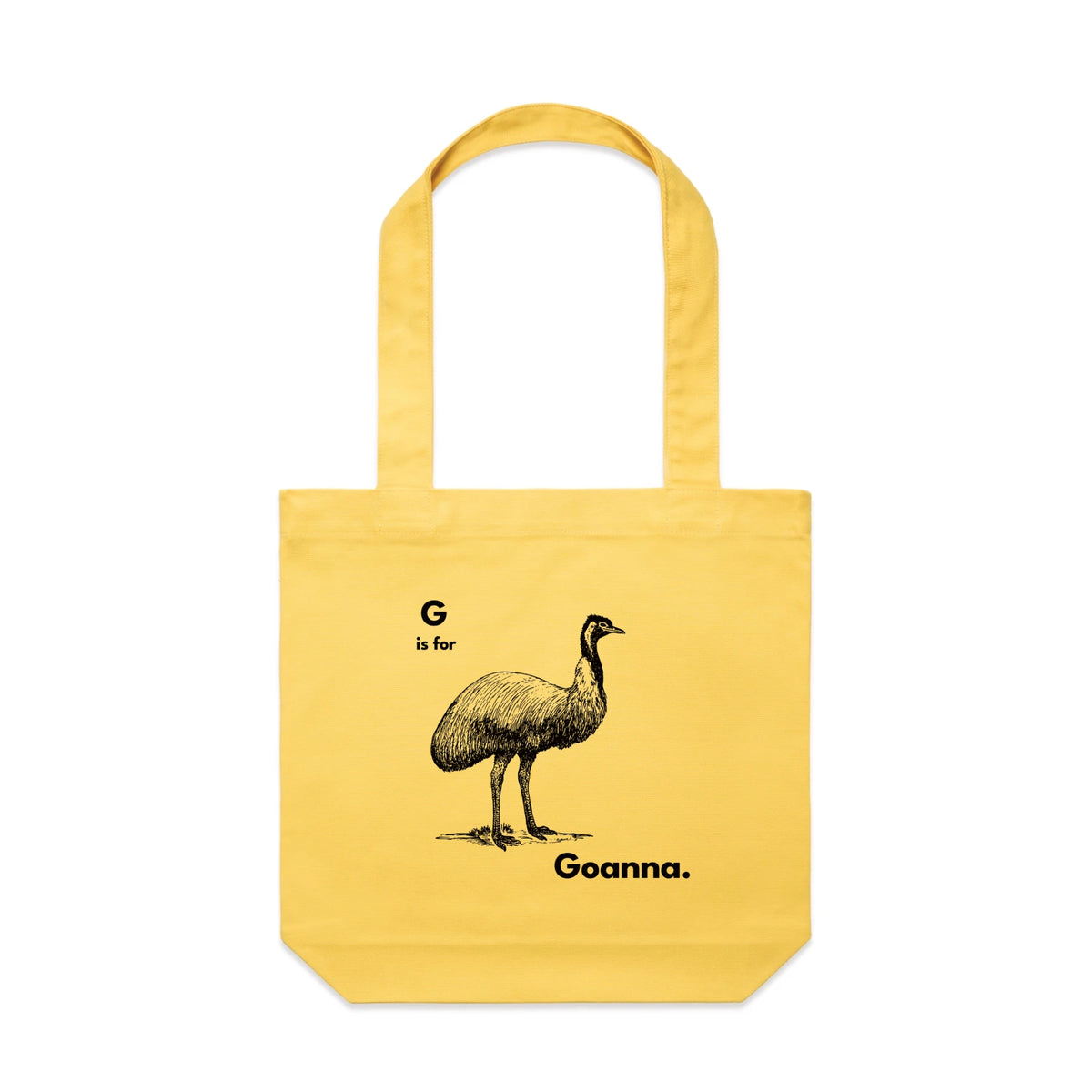 Yellow carrie tote with G Is For Goanna Tote graphic by Lonely Kids Club