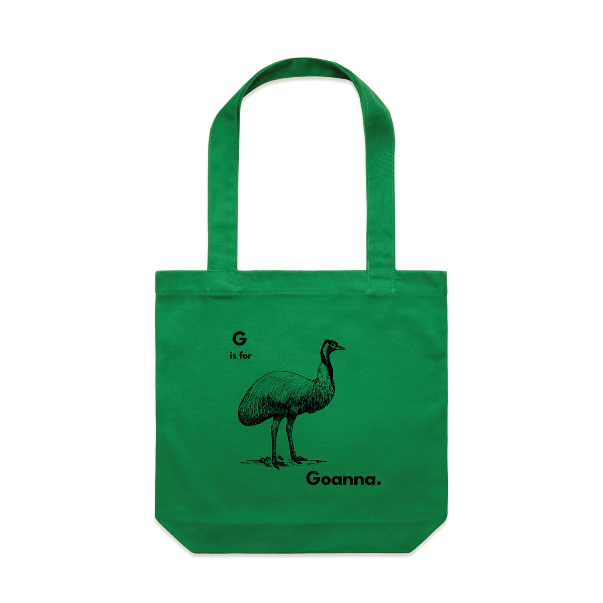 Green carrie tote with G Is For Goanna Tote graphic by Lonely Kids Club