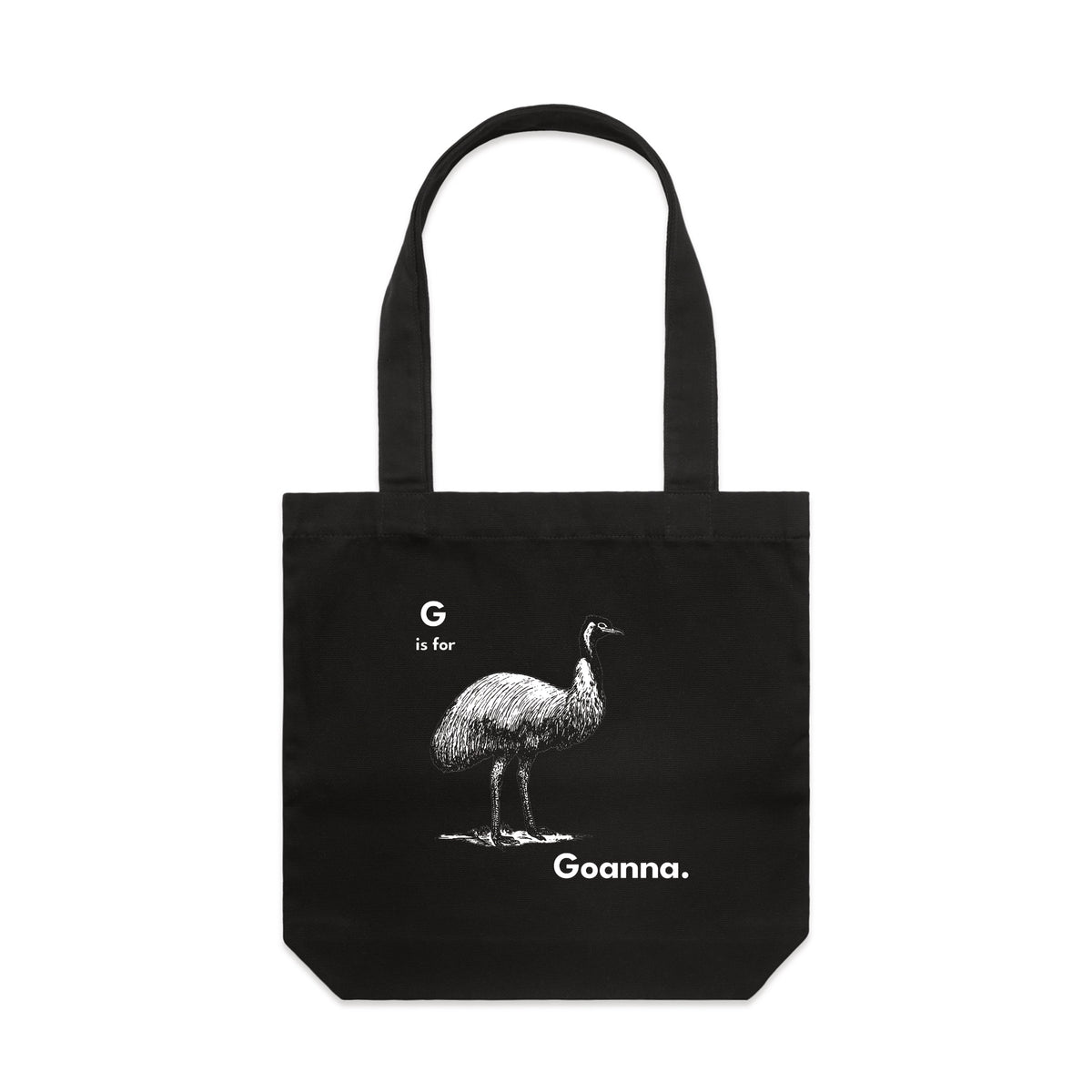 Black carrie tote with G Is For Goanna Tote graphic by Lonely Kids Club