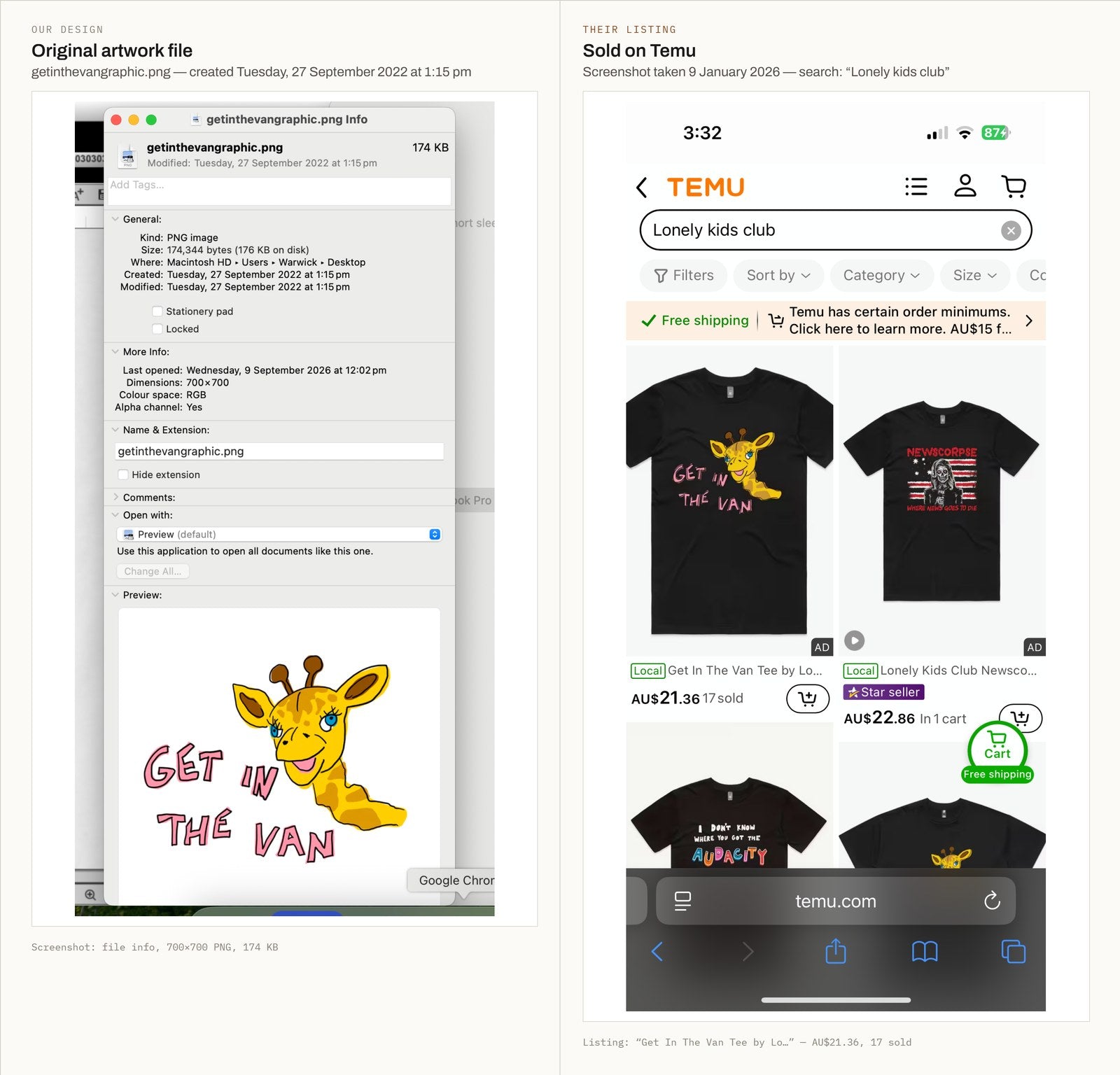 Our original Get In The Van artwork file dated September 2022 next to the copied Temu listing using the Lonely Kids Club name