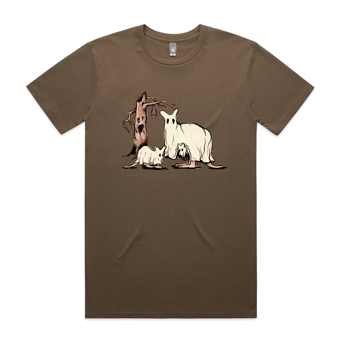 Walnut unisex t-shirt with Ghostaroos graphic by Lonely Kids Club