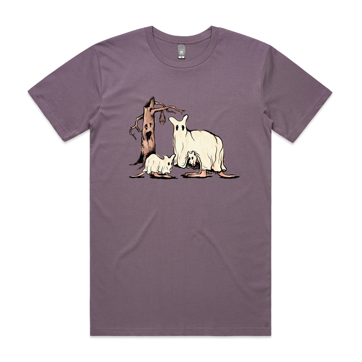 Mauve unisex t-shirt with Ghostaroos graphic by Lonely Kids Club