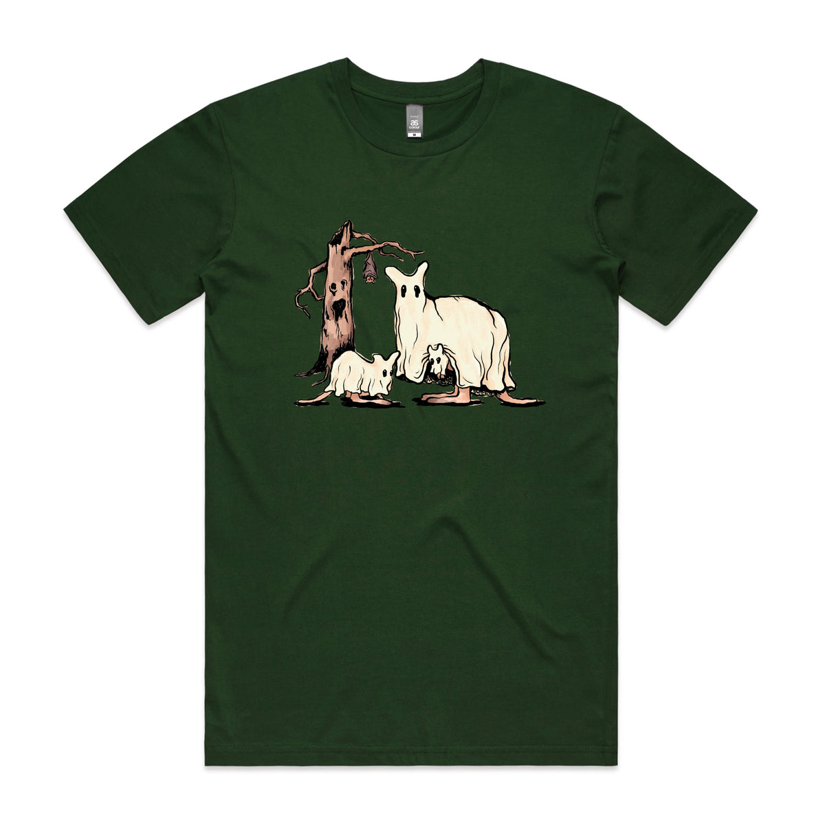 Forest Green unisex t-shirt with Ghostaroos graphic by Lonely Kids Club