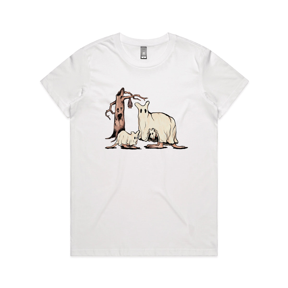 White fitted womens t-shirt with Ghostaroos graphic by Lonely Kids Club