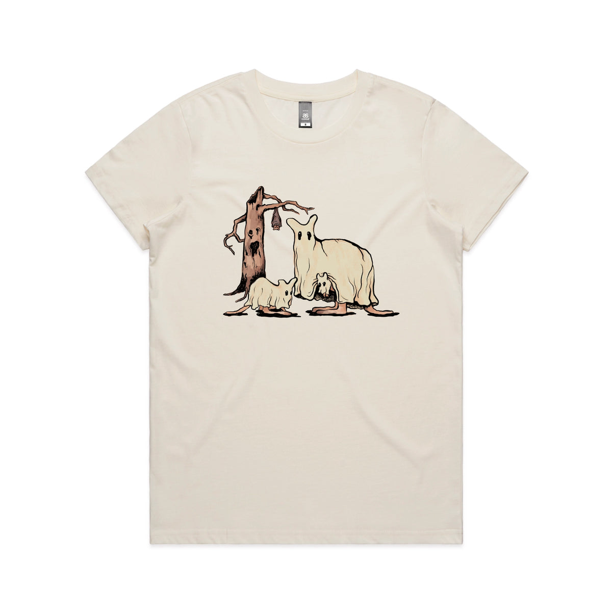Ecru fitted womens t-shirt with Ghostaroos graphic by Lonely Kids Club