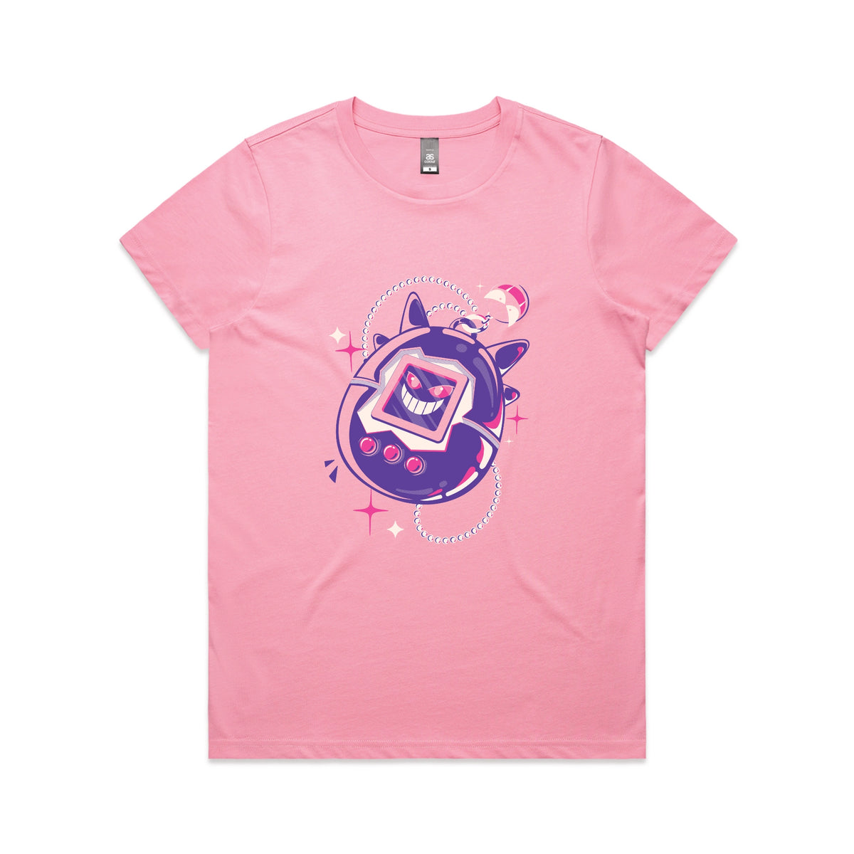 Bubblegum fitted womens t-shirt with Ghostigotchi graphic by Lonely Kids Club