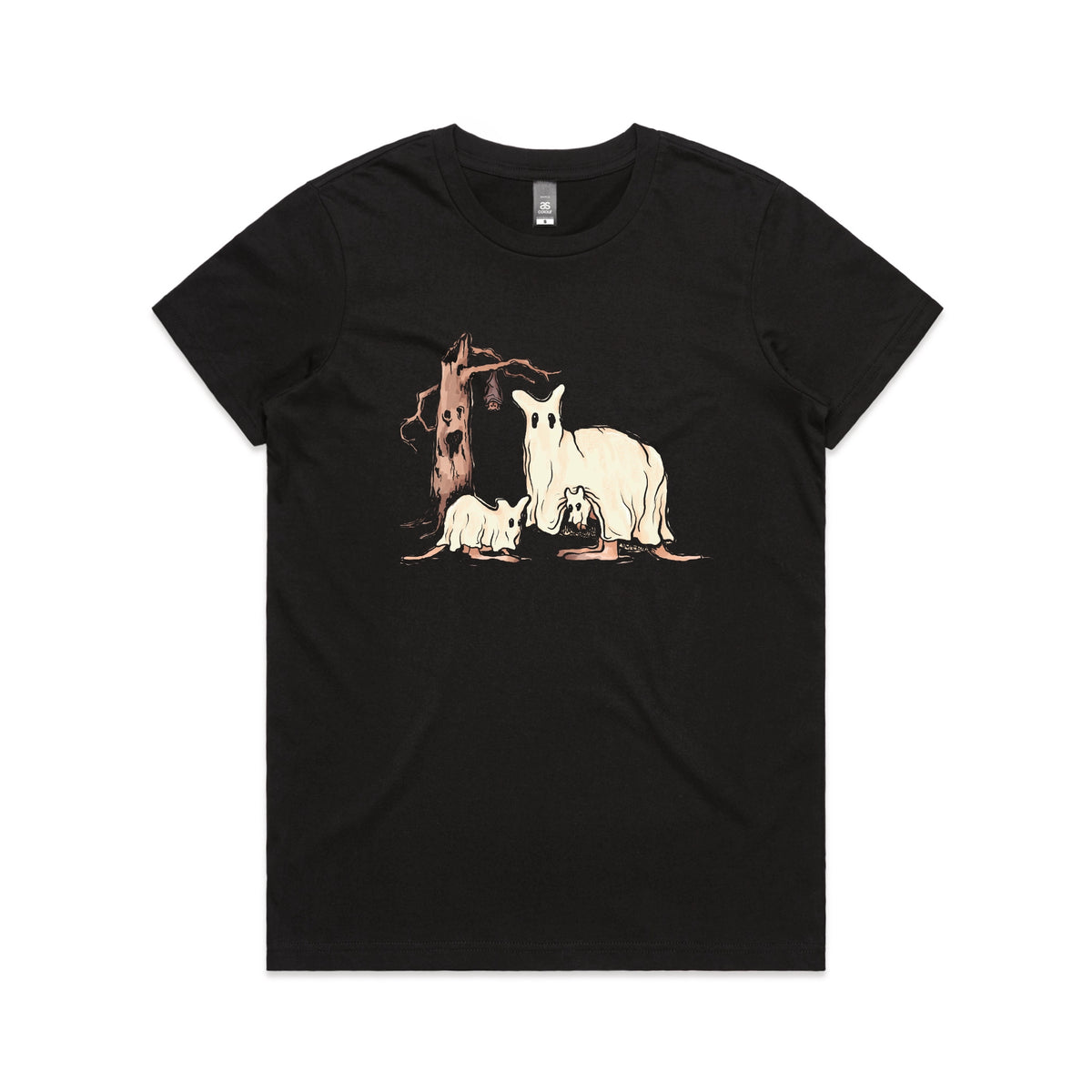 Black fitted womens t-shirt with Ghostaroos graphic by Lonely Kids Club