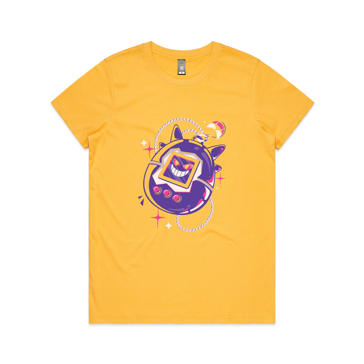 Yellow fitted womens t-shirt with Ghostigotchi graphic by Lonely Kids Club