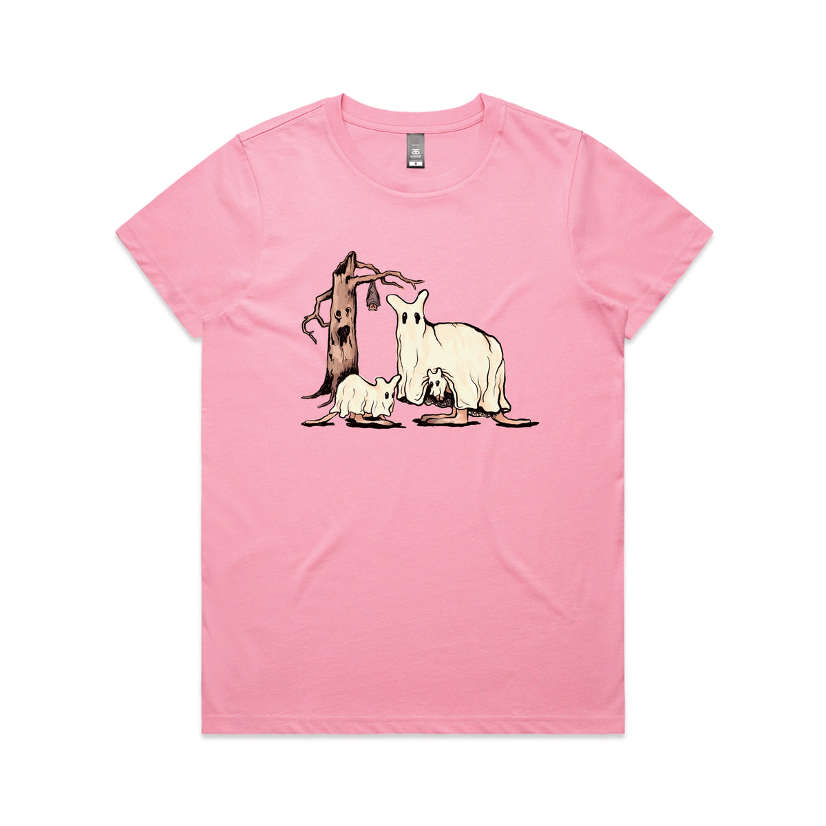 Bubblegum fitted womens t-shirt with Ghostaroos graphic by Lonely Kids Club