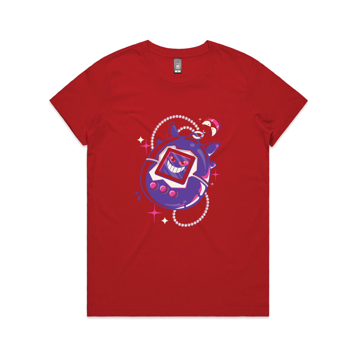Red fitted womens t-shirt with Ghostigotchi graphic by Lonely Kids Club