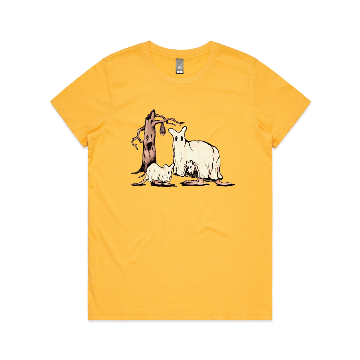 Yellow fitted womens t-shirt with Ghostaroos graphic by Lonely Kids Club