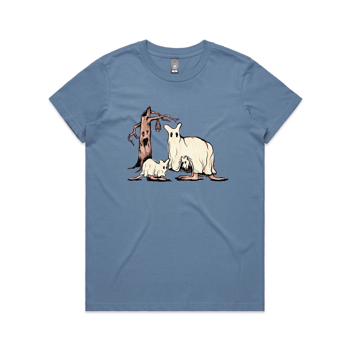 Carolina Blue fitted womens t-shirt with Ghostaroos graphic by Lonely Kids Club