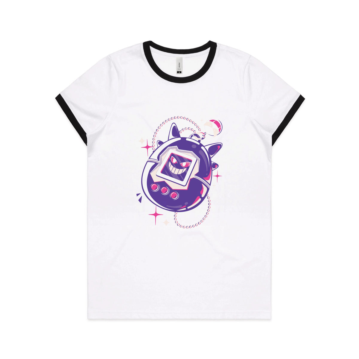 Black/White Ringer fitted womens t-shirt with Ghostigotchi graphic by Lonely Kids Club
